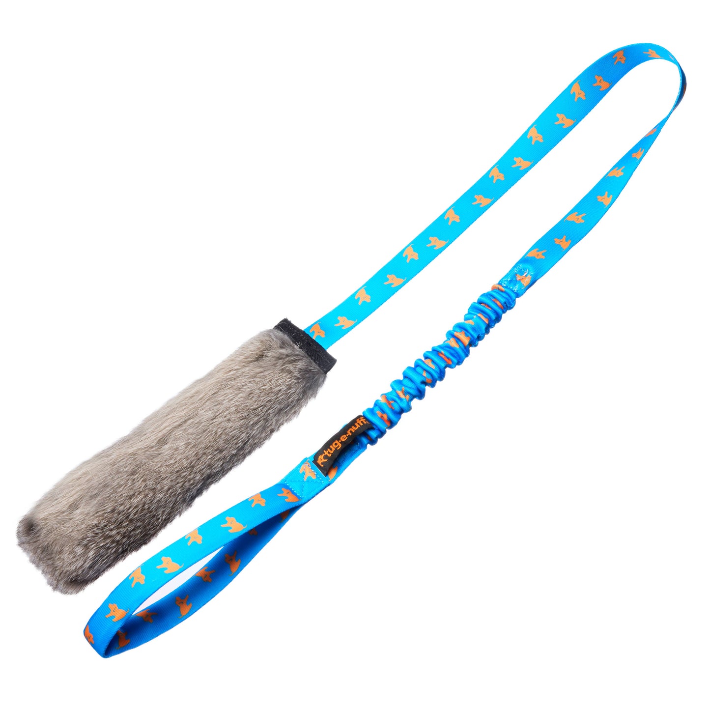 Rabbit Fur Squeaky Bungee Chaser Tug Toy | Tug-E-Nuff: Royal Blue Pattern Handle