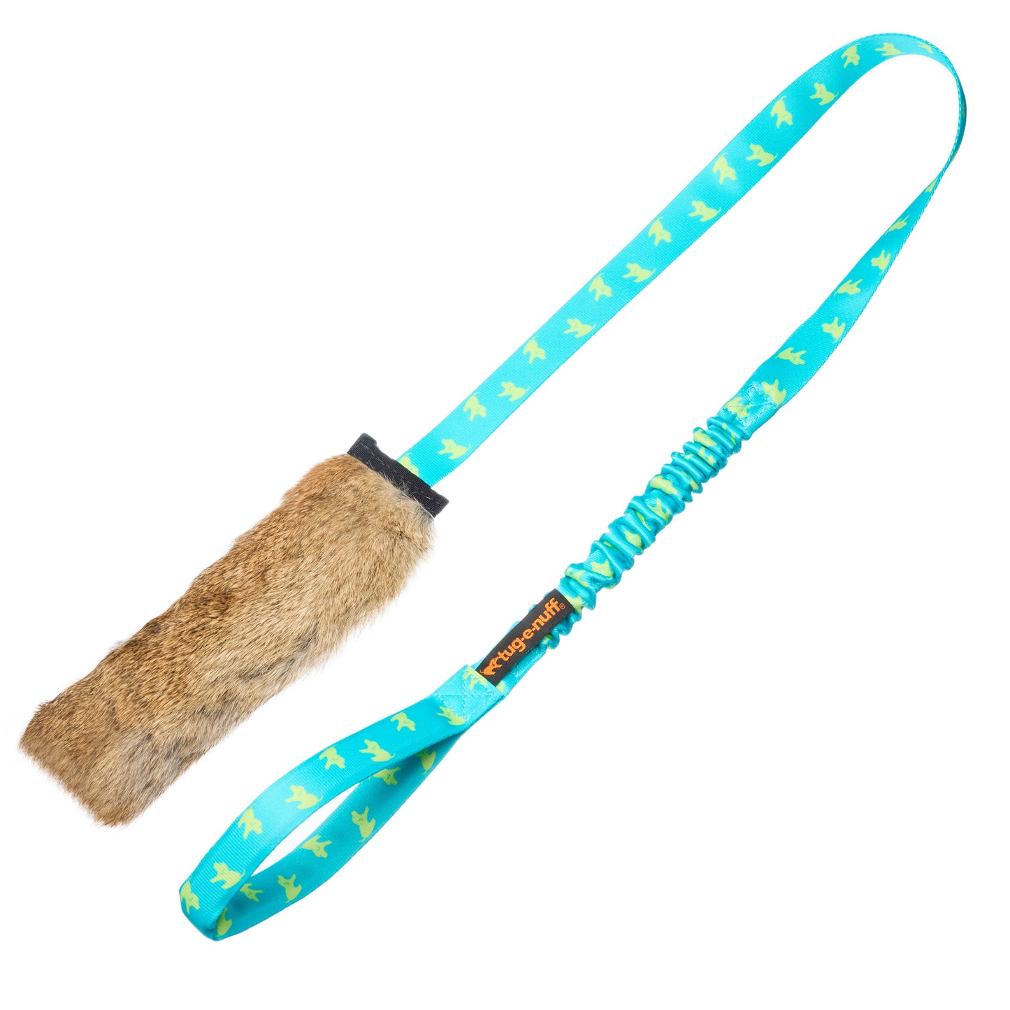 Rabbit Fur Squeaky Bungee Chaser Tug Toy | Tug-E-Nuff: Teal Pattern Handle