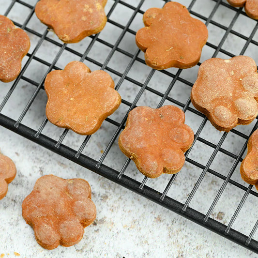 buternut squash paw dog biscuits on a cooling rack