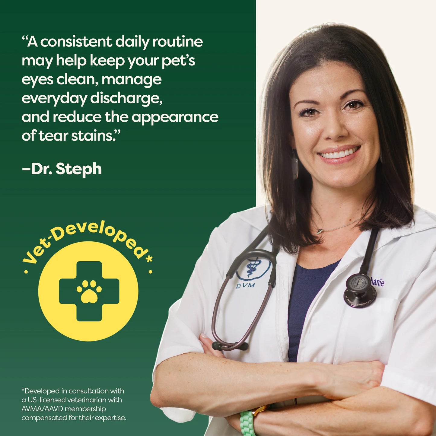 Woman in a white coat with a stethoscope, standing next to text about pet eye care and a green background with a yellow logo.