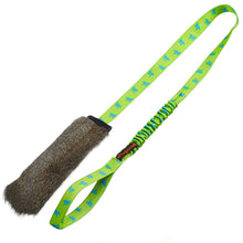 Load image into Gallery viewer, Rabbit Fur Squeaky Bungee Chaser Tug Toy | Tug-E-Nuff: Royal Blue Pattern Handle