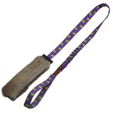 Load image into Gallery viewer, Rabbit Fur Squeaky Bungee Chaser Tug Toy | Tug-E-Nuff: Royal Blue Pattern Handle