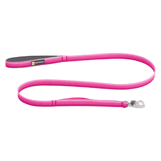 A bright pink dog leash with a black grip handle and a silver metal clasp, shown on a plain white background.