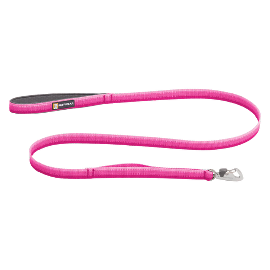 A bright pink dog leash with a black grip handle and a silver metal clasp, shown on a plain white background.