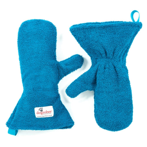 A pair of teal gauntlets designed for dogs, made of absorbent fabric, with a brand tag visible.