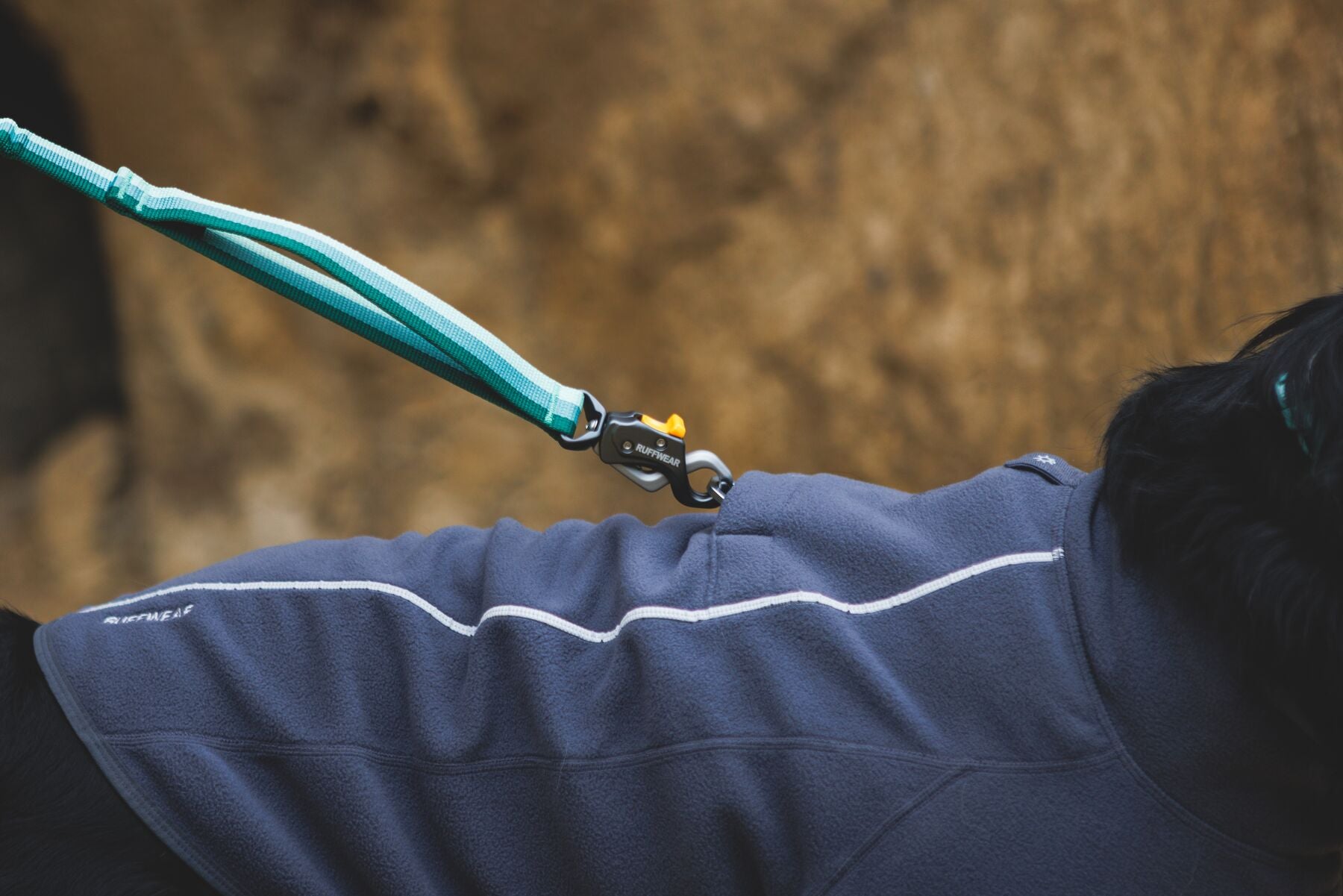 Ruffwear climate changer fleece jacket showing lead portal at back