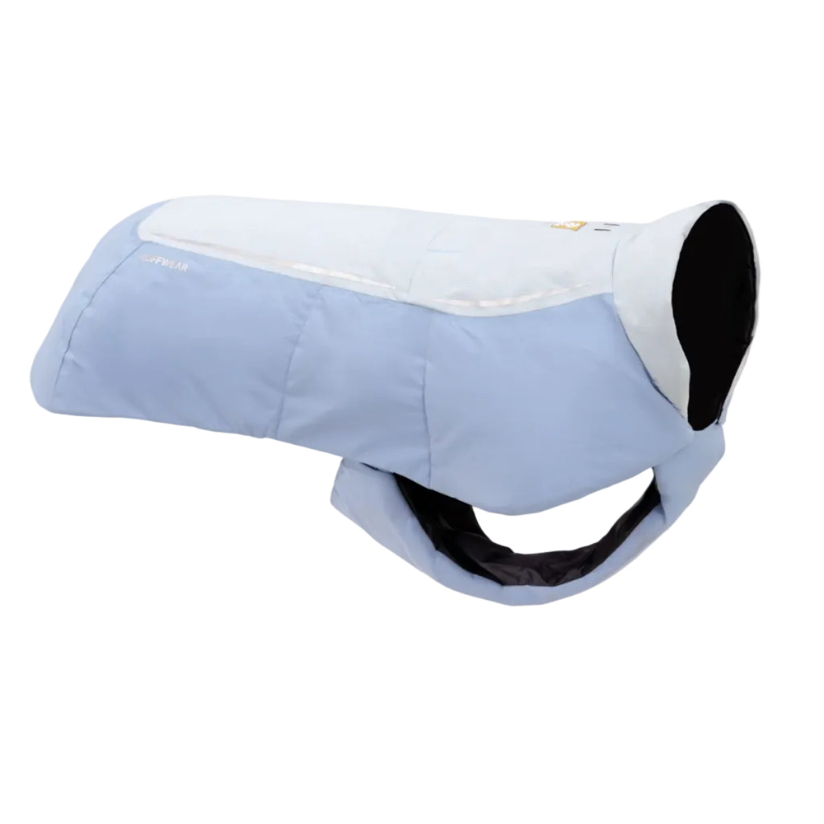 A light blue and white dog winter coat with a black-lined opening, shown on a plain white background.