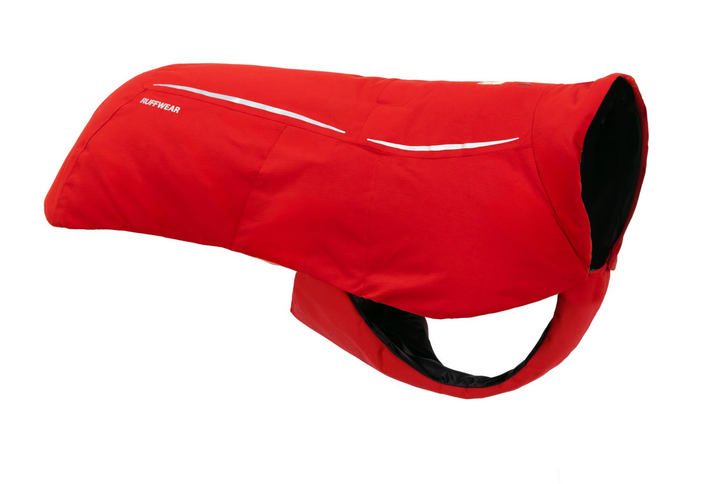 A red dog coat with a reflective white stripe and a black-lined opening, shown on a plain white background.