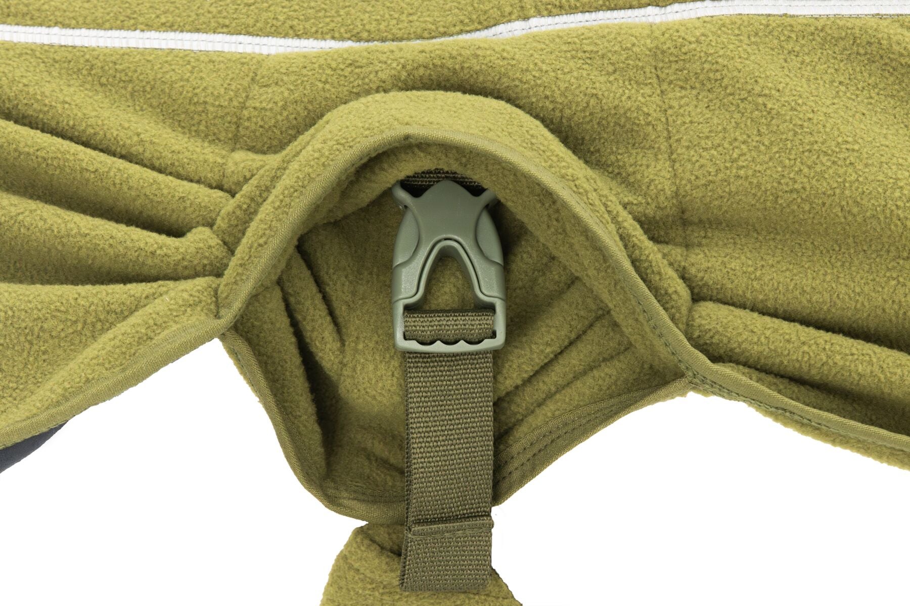 Ruffwear climate changer fleece in green showing the size buckle fastening