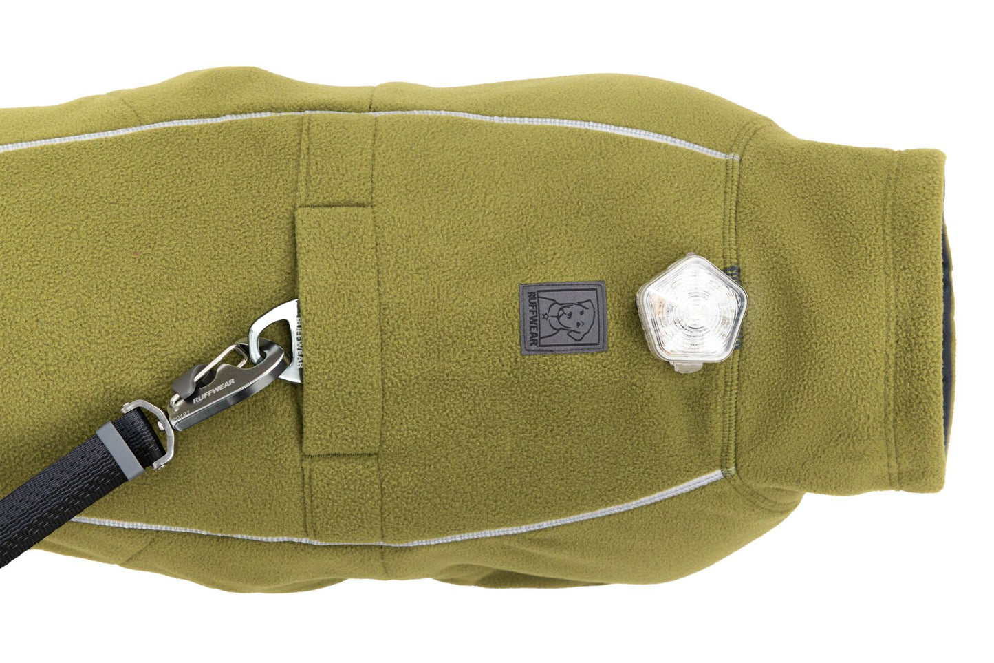 Ruffwear climate changer fleece showing lead portal at back and light loop at neck