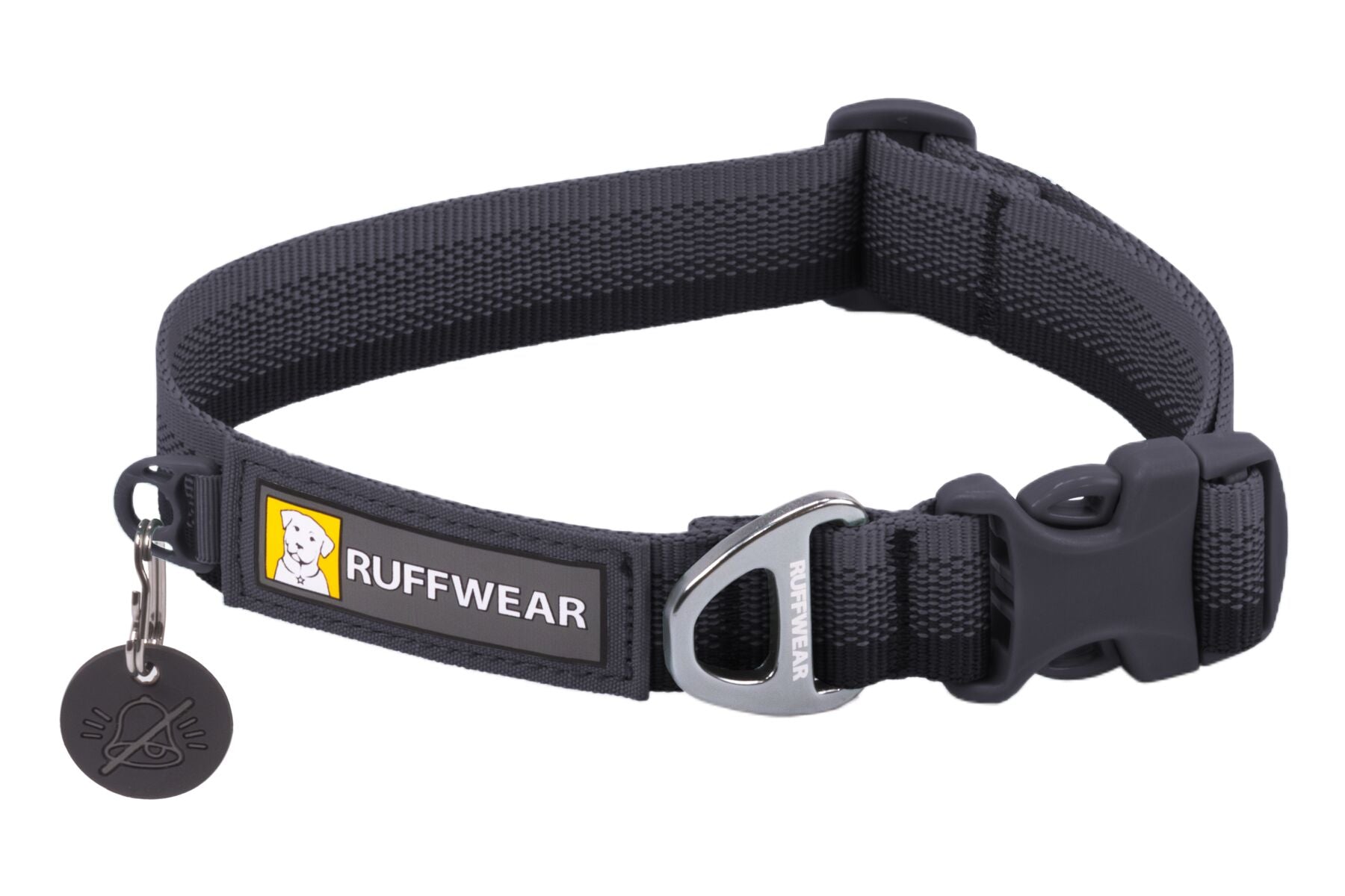 A grey Ruffwear Front Range Dog Collar with a metal buckle and a label showing the brand name.