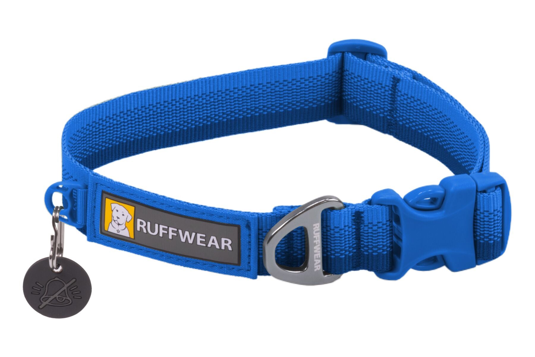 An solid blue Ruffwear Front Range Dog Collar with a metal buckle and a label showing the brand name.