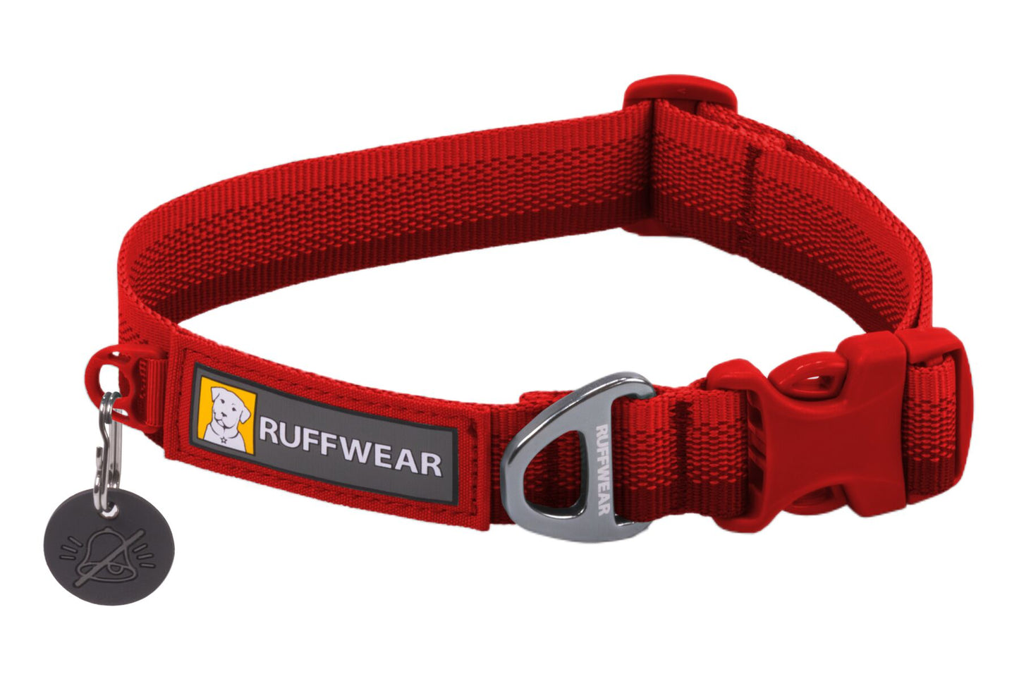 An red Ruffwear Front Range Dog Collar with a metal buckle and a label showing the brand name.