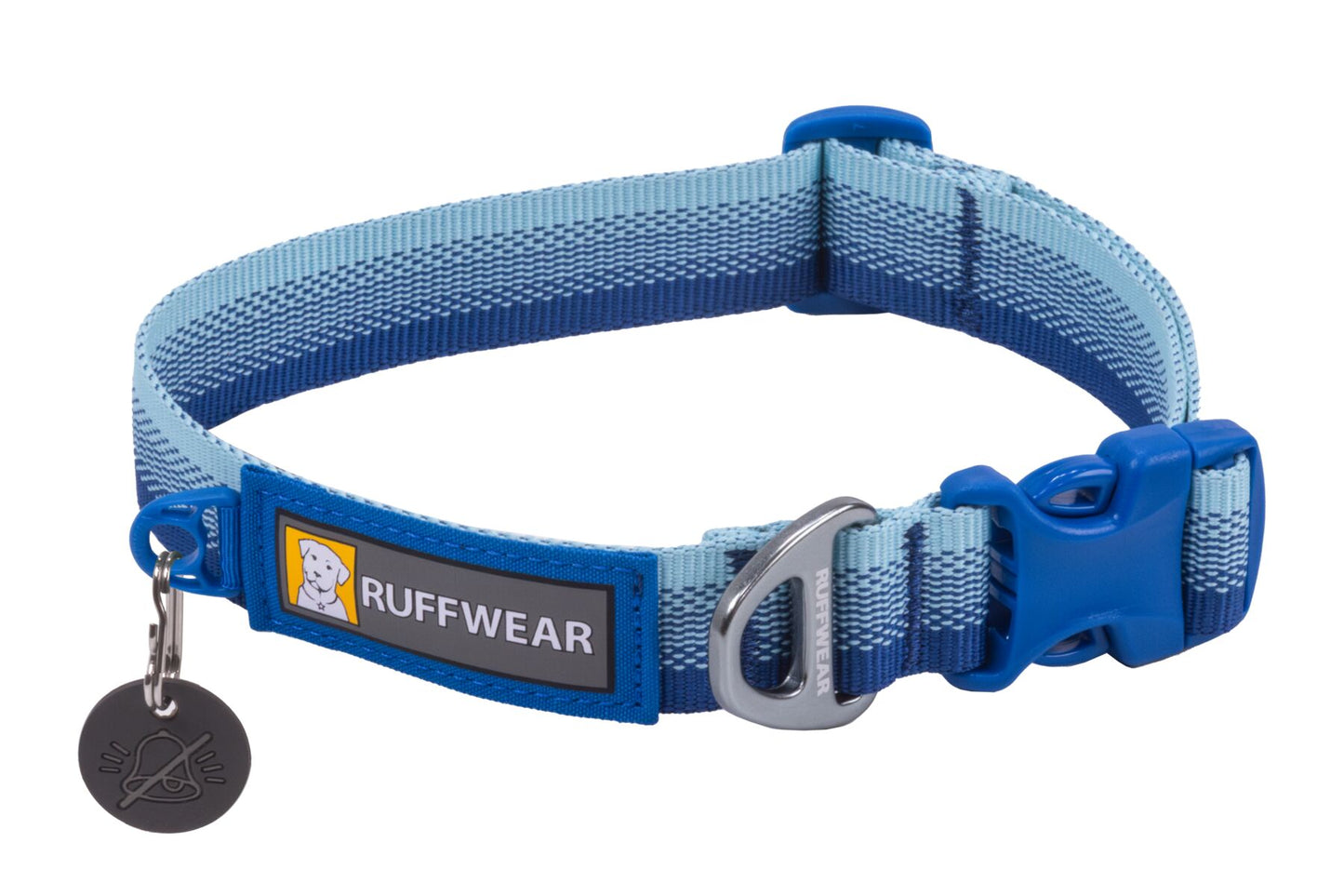 An graduated light blue to dark blue Ruffwear Front Range Dog Collar with a metal buckle and a label showing the brand name.