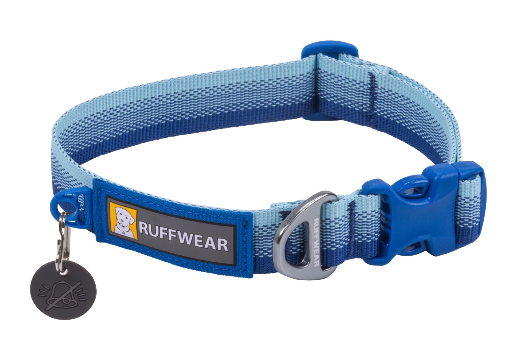An graduated light blue to dark blue Ruffwear Front Range Dog Collar with a metal buckle and a label showing the brand name.