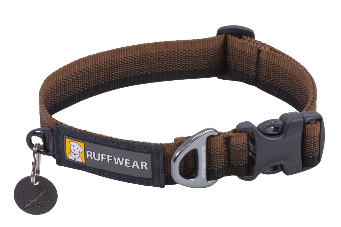 A brown Ruffwear Front Range Dog Collar with a metal buckle and a label showing the brand name.