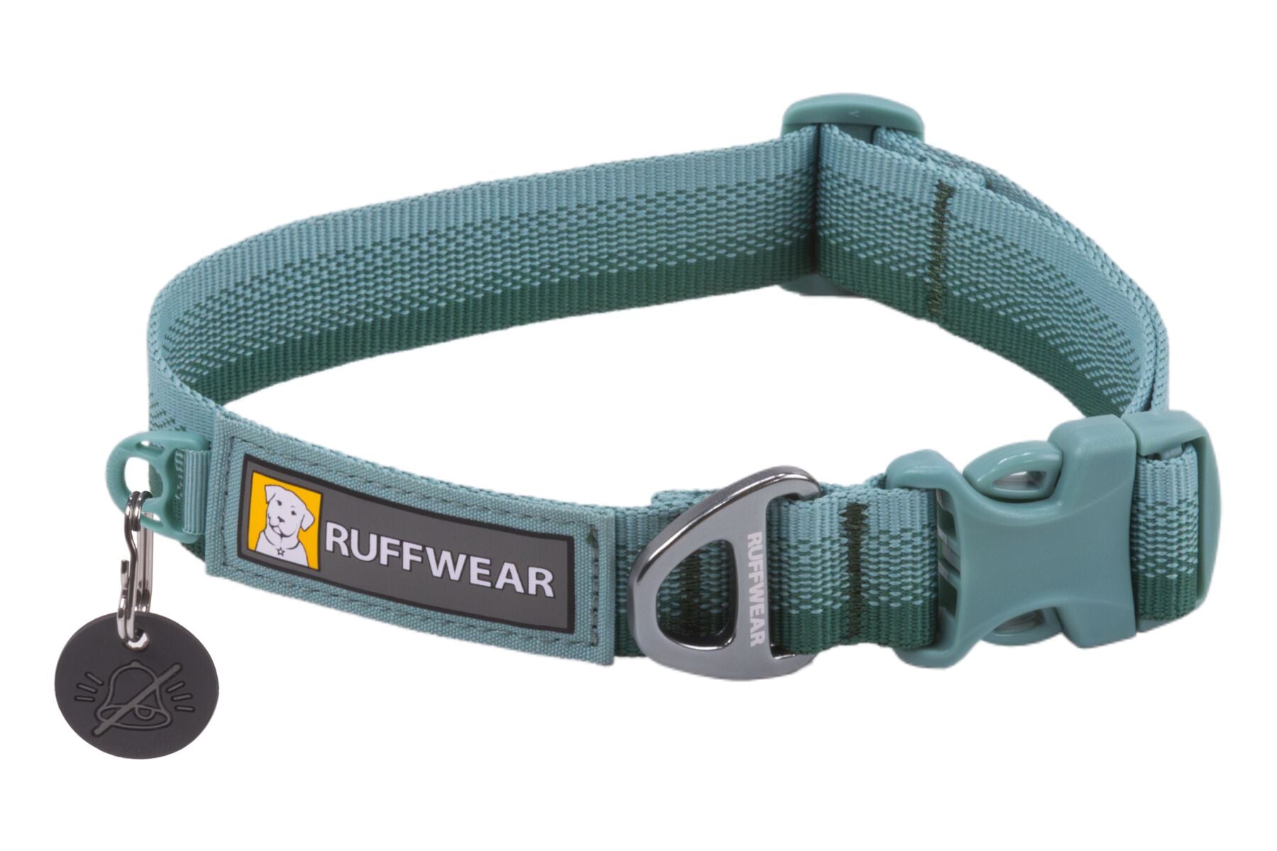 A teal Ruffwear Front Range Dog Collar with a metal buckle and a label showing the brand name.