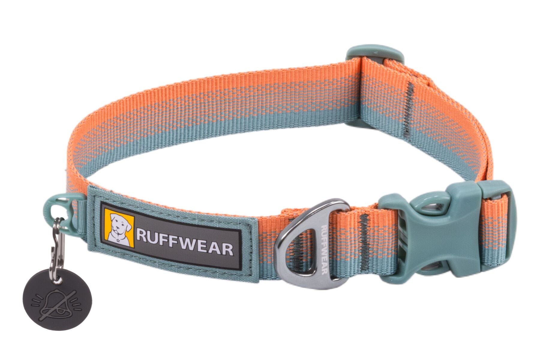 A graduated orange to teal Ruffwear Front Range Dog Collar with a metal buckle and a label showing the brand name.