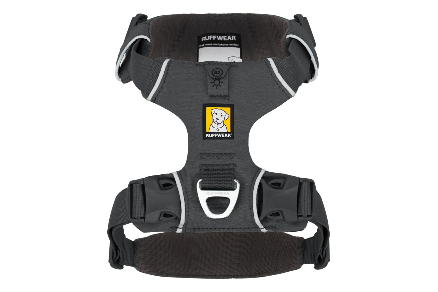 A grey Ruffwear Front Range Dog Harness with adjustable straps and a metal ring for leash attachment.