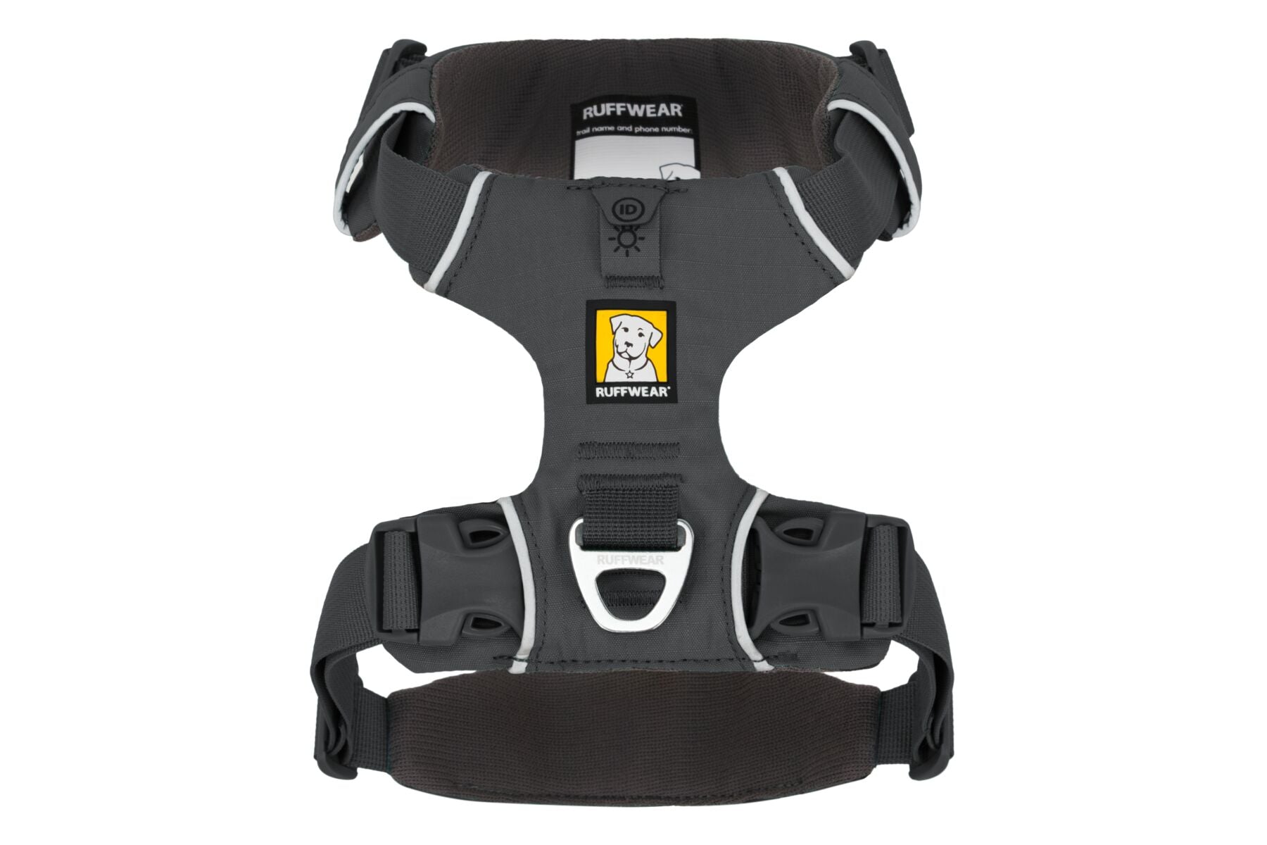 A grey Ruffwear Front Range Dog Harness with adjustable straps and a metal ring for leash attachment.