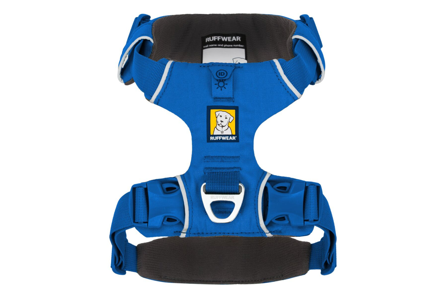 A blue Ruffwear Front Range Dog Harness with adjustable straps and a metal ring for leash attachment.