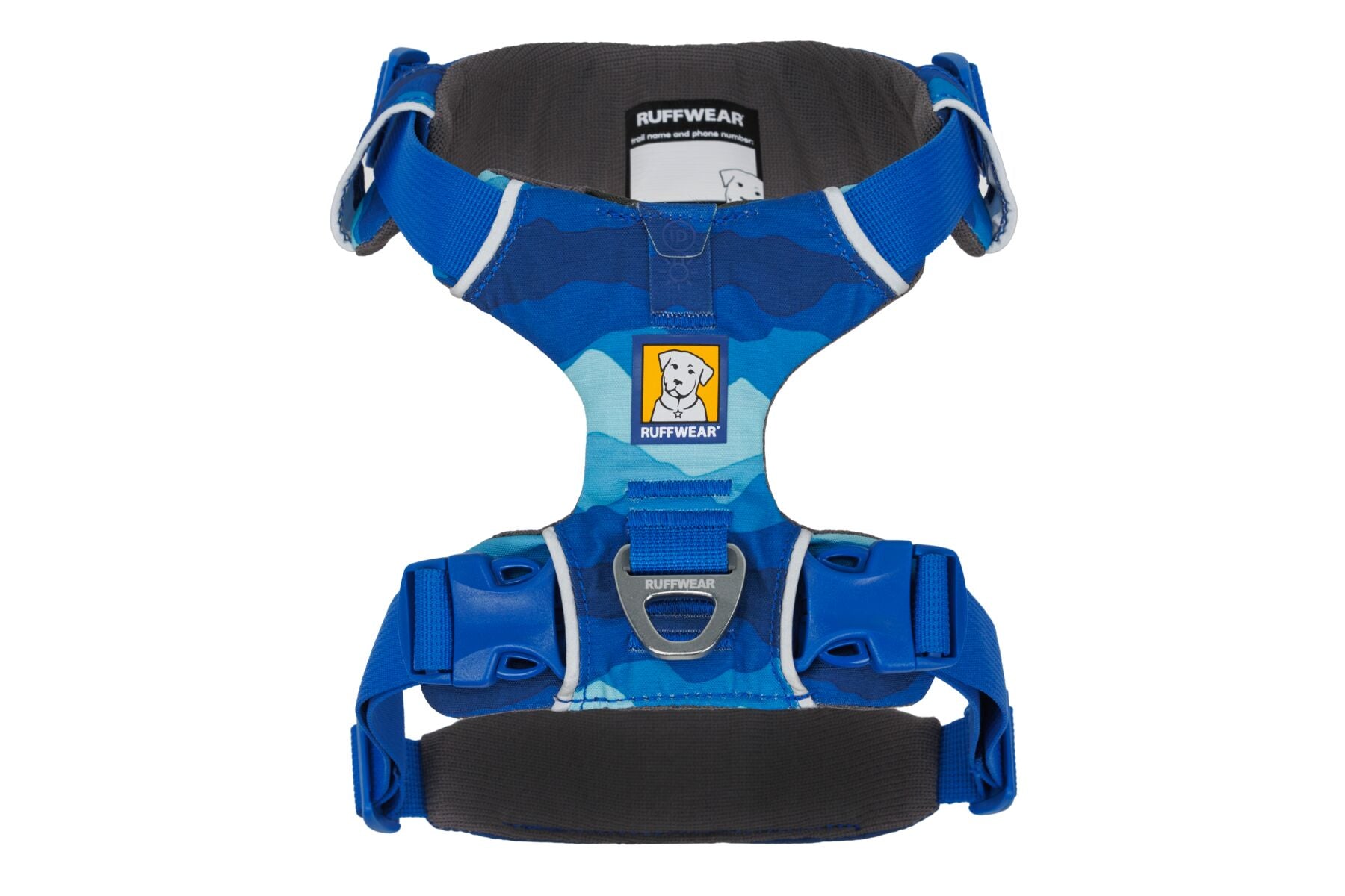 A graduation of blues on a Ruffwear Front Range Dog Harness with adjustable straps and a metal ring for leash attachment.