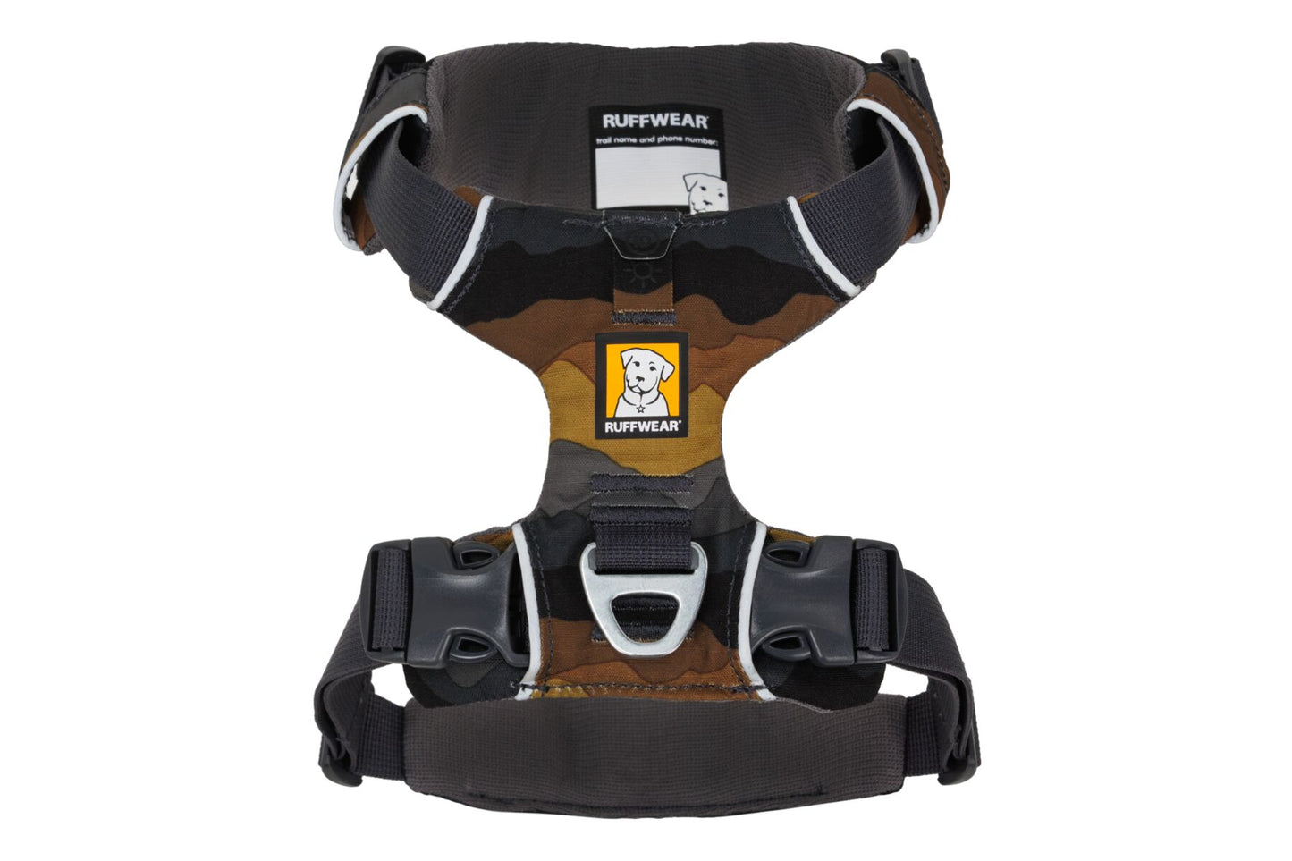 A gradulation of greys and browns in a cammo pattern on a Ruffwear Front Range Dog Harness with adjustable straps and a metal ring for leash attachment.