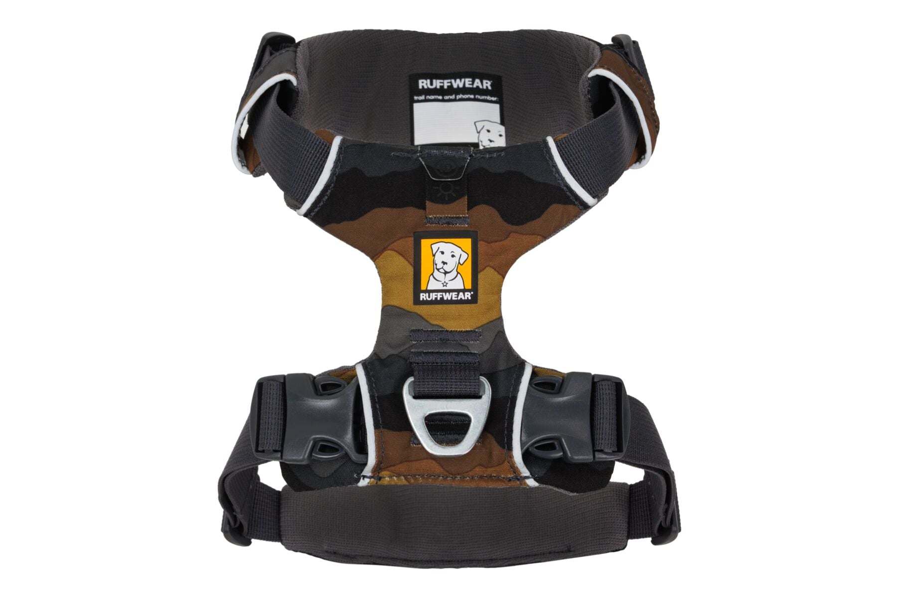 A gradulation of greys and browns in a cammo pattern on a Ruffwear Front Range Dog Harness with adjustable straps and a metal ring for leash attachment.