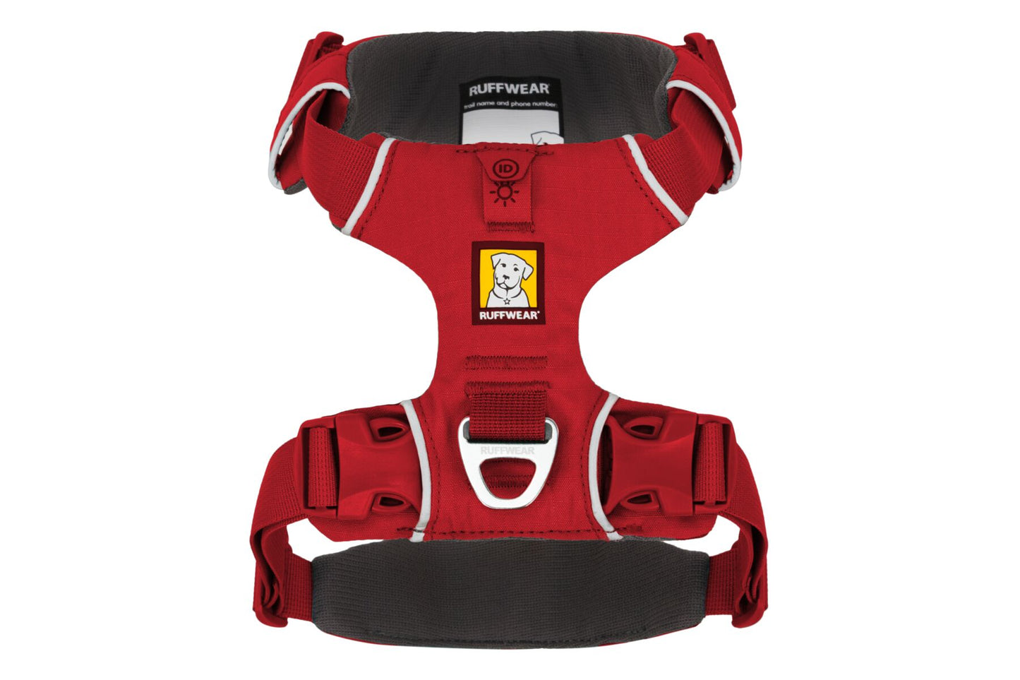 A red Ruffwear Front Range Dog Harness with adjustable straps and a metal ring for leash attachment.