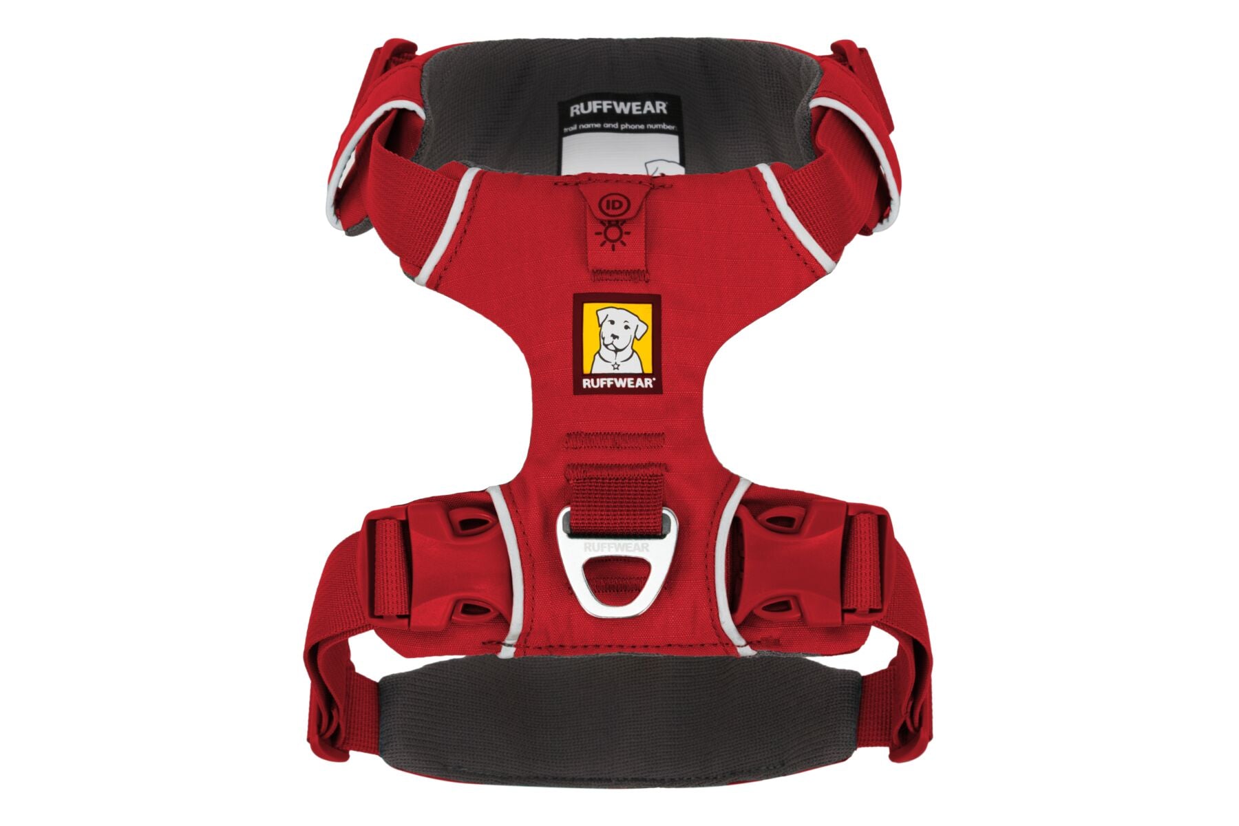 A red Ruffwear Front Range Dog Harness with adjustable straps and a metal ring for leash attachment.