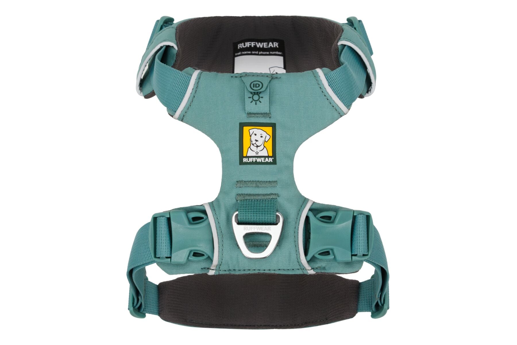 A green Ruffwear Front Range Dog Harness with adjustable straps and a metal ring for leash attachment.