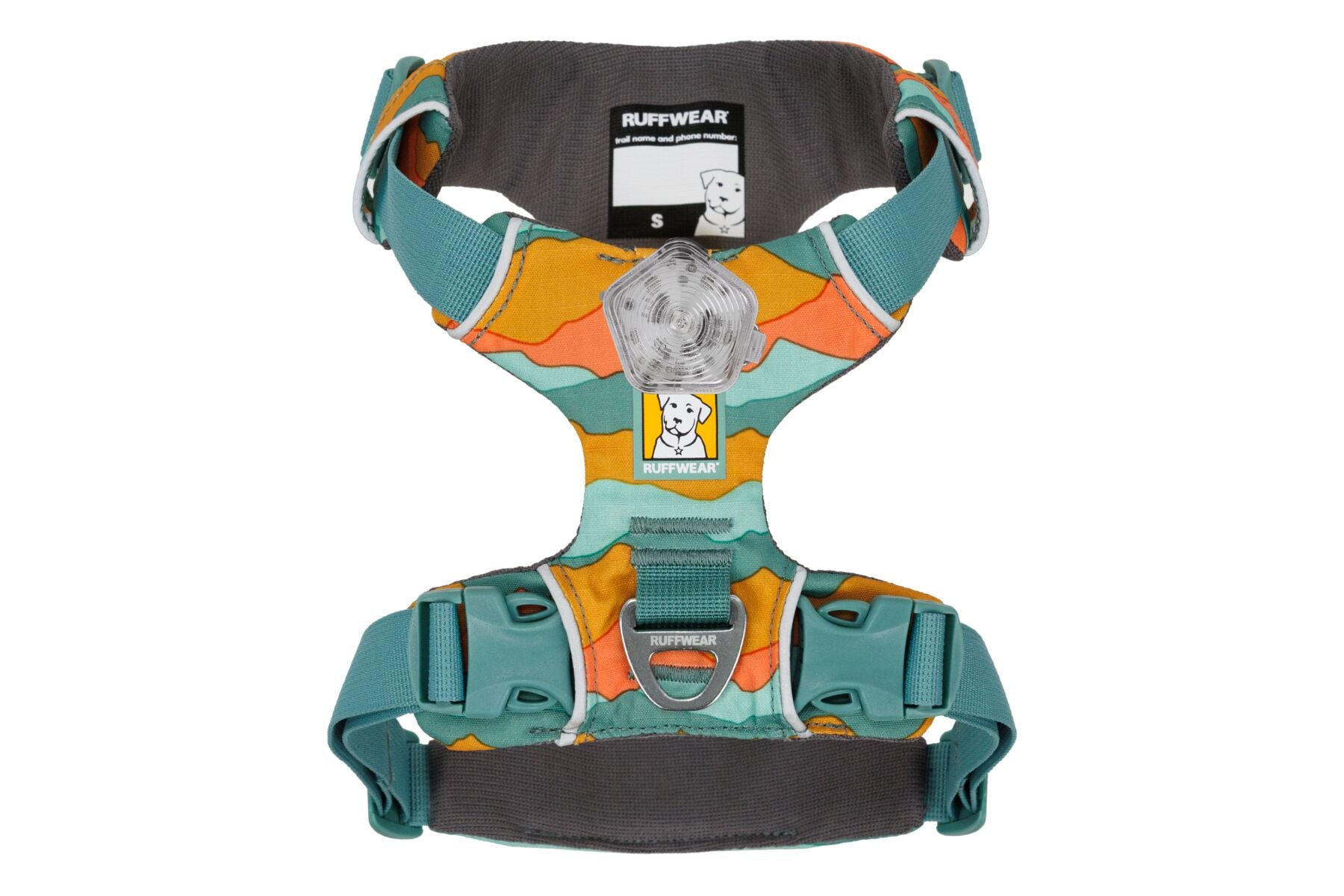 An orange and green Ruffwear Front Range Dog Harness with adjustable straps and a metal ring for leash attachment.