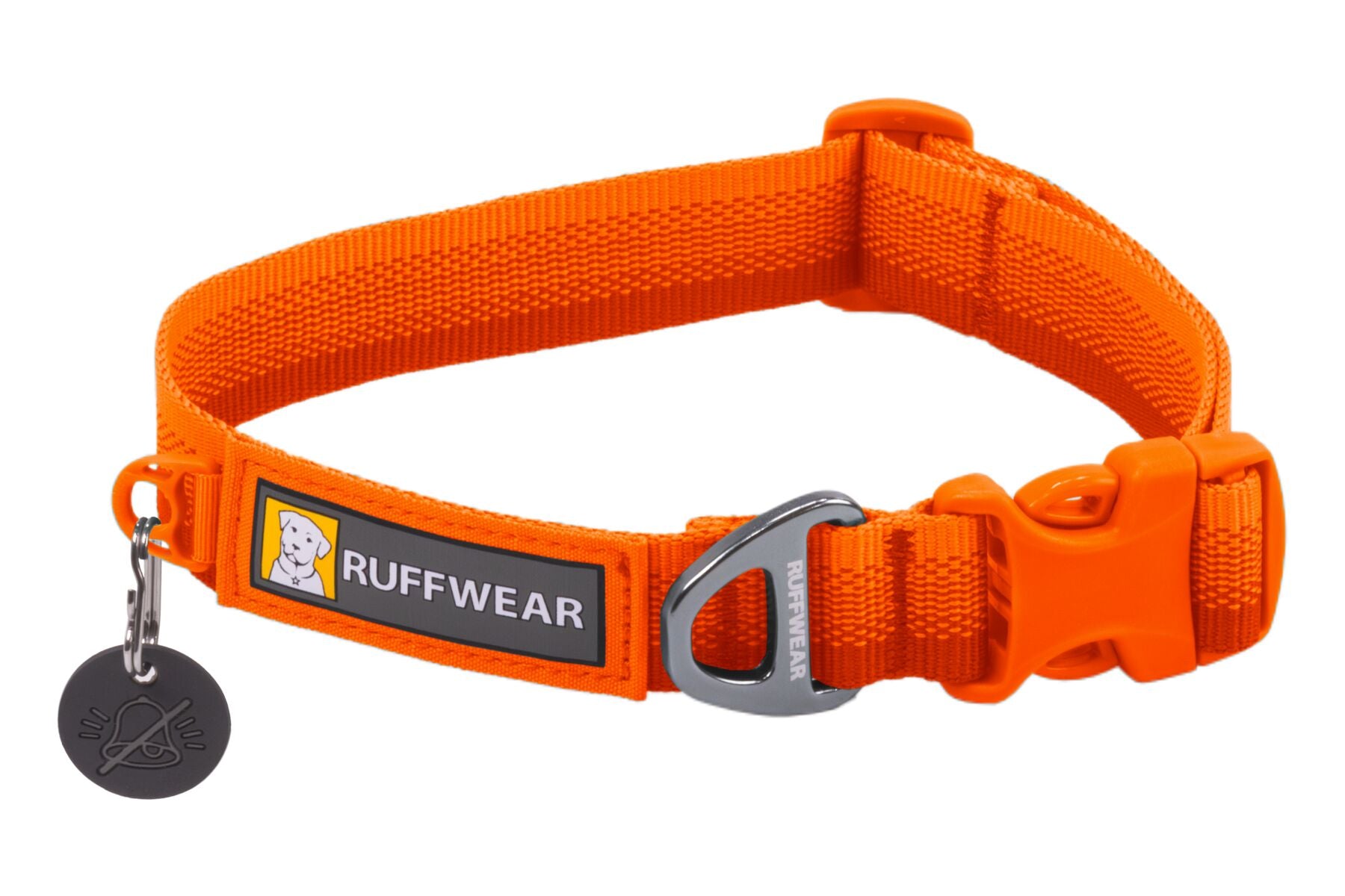 An orange Ruffwear Front Range Dog Collar with a metal buckle and a label showing the brand name.