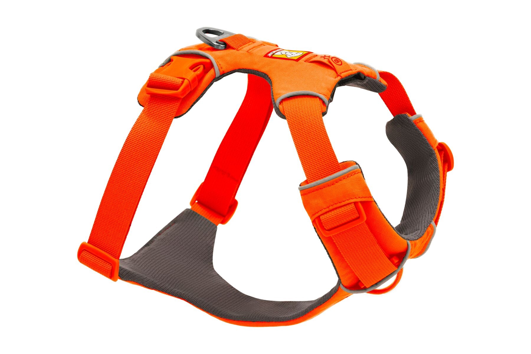 An orange and gray Ruffwear Front Range Dog Harness with adjustable straps and a metal ring for leash attachment.