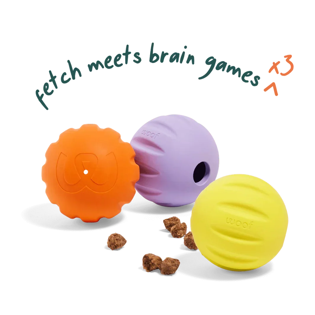 Woof Flyball 2-in-1 Dog Ball & Puzzle Toy – 3 Pack
