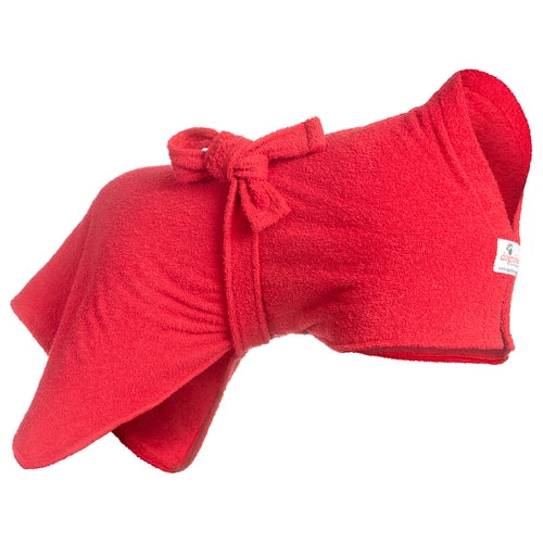 A red  Dogrobe designed for drying and warming dogs, displayed on a white background.