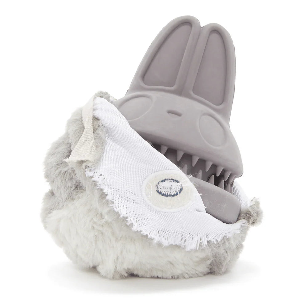 Bark Hare Dog toy showing the rubber core and ripped outer