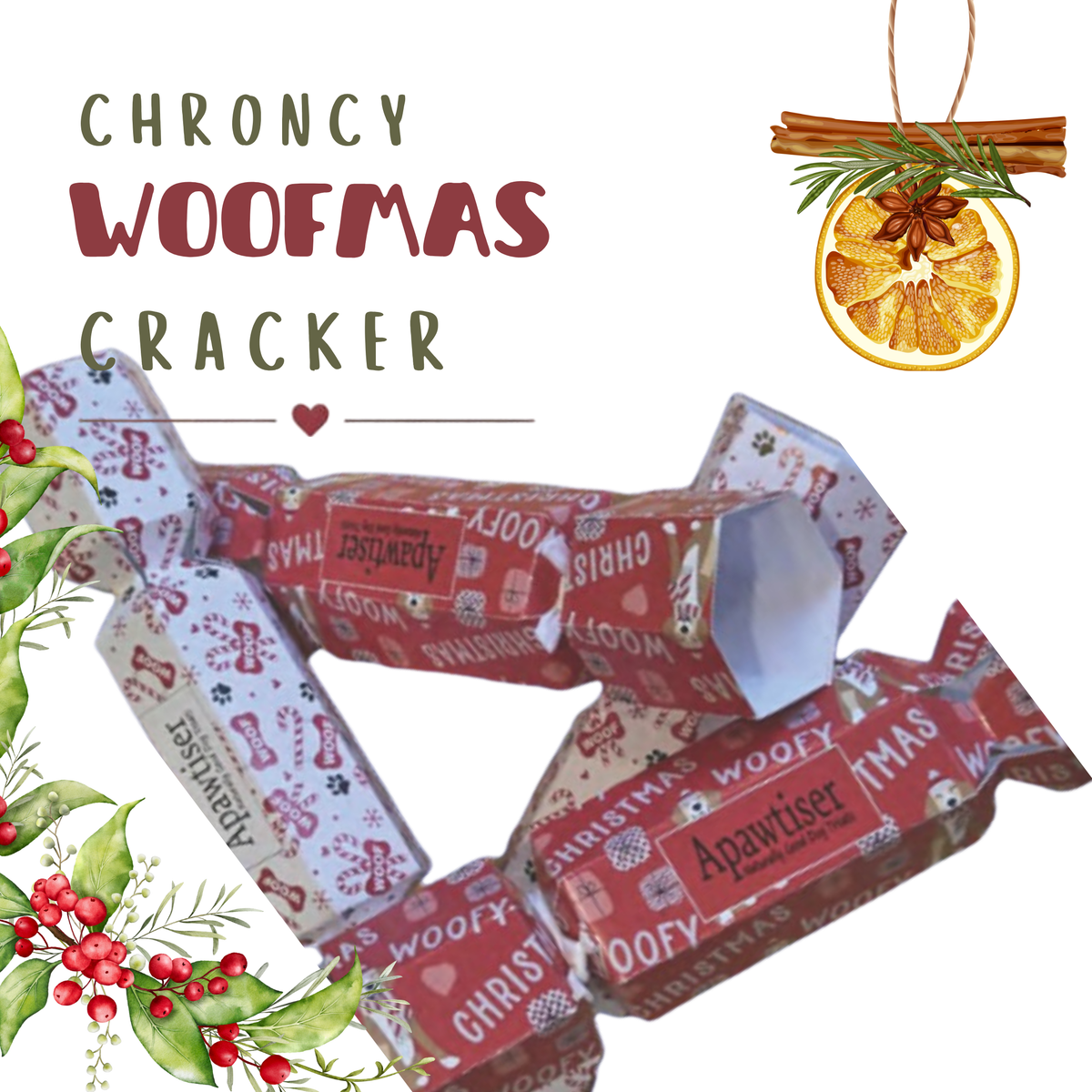 Chroncy Woofmas Cracker gift crackers decorated with festive Christmas-themed wrapping paper, shown on a white background with decorative holiday illustrations including holly, cinnamon sticks, and a dried orange slice.