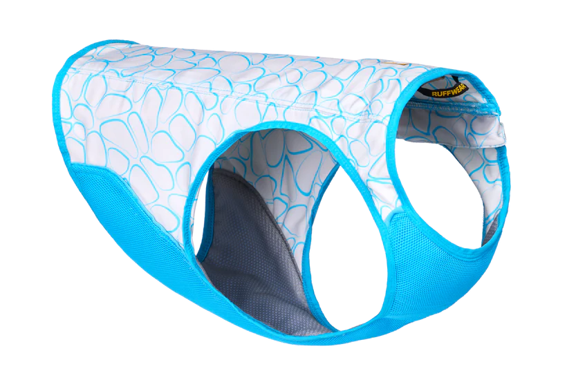 A blue and white Ruffwear Swamp Cooler Zip Cooling Vest for dogs with a geometric pattern.