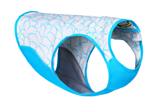 A blue and white Ruffwear Swamp Cooler Zip Cooling Vest for dogs with a geometric pattern.