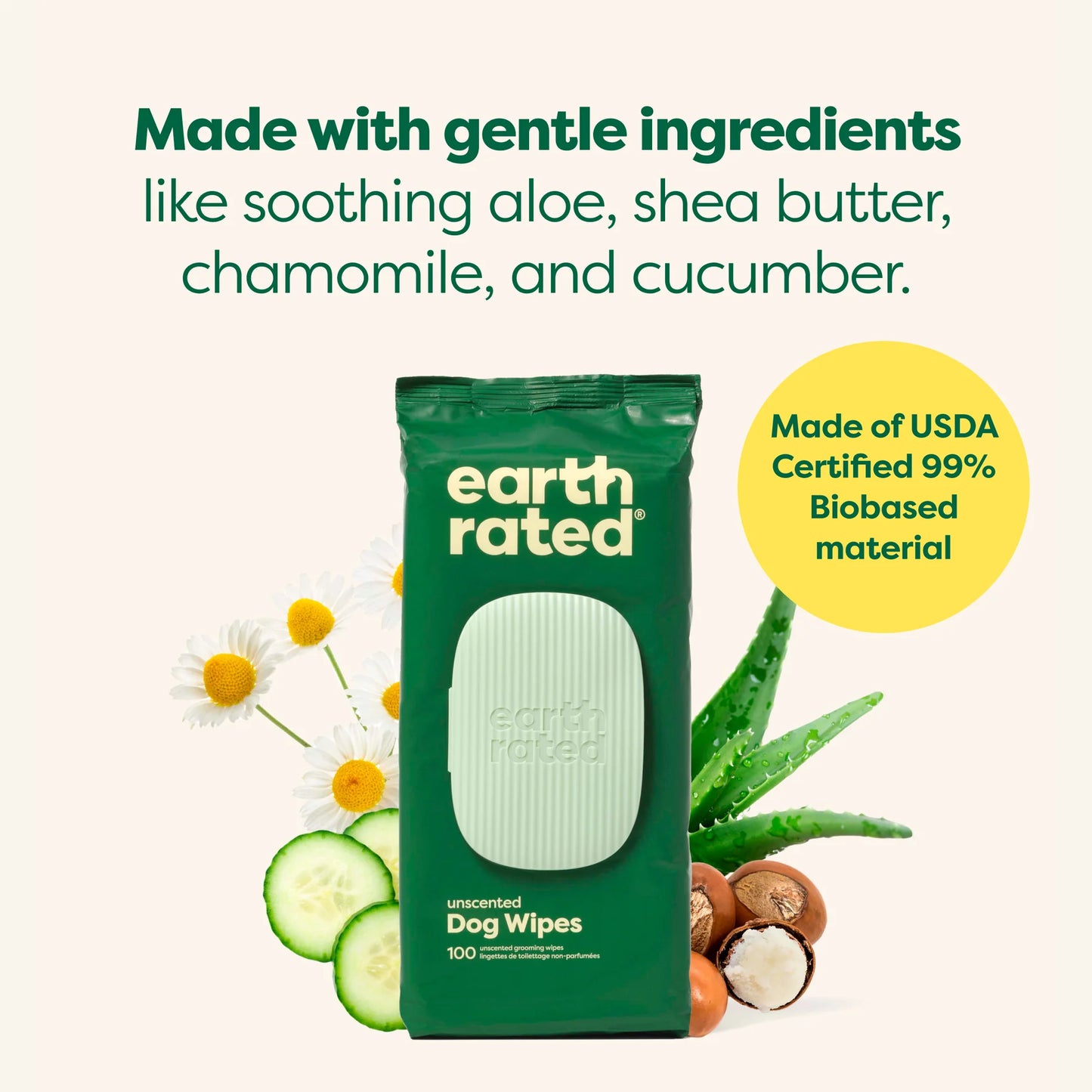 Earth Rated dog wipes packaging with natural ingredients and certification details on a white background