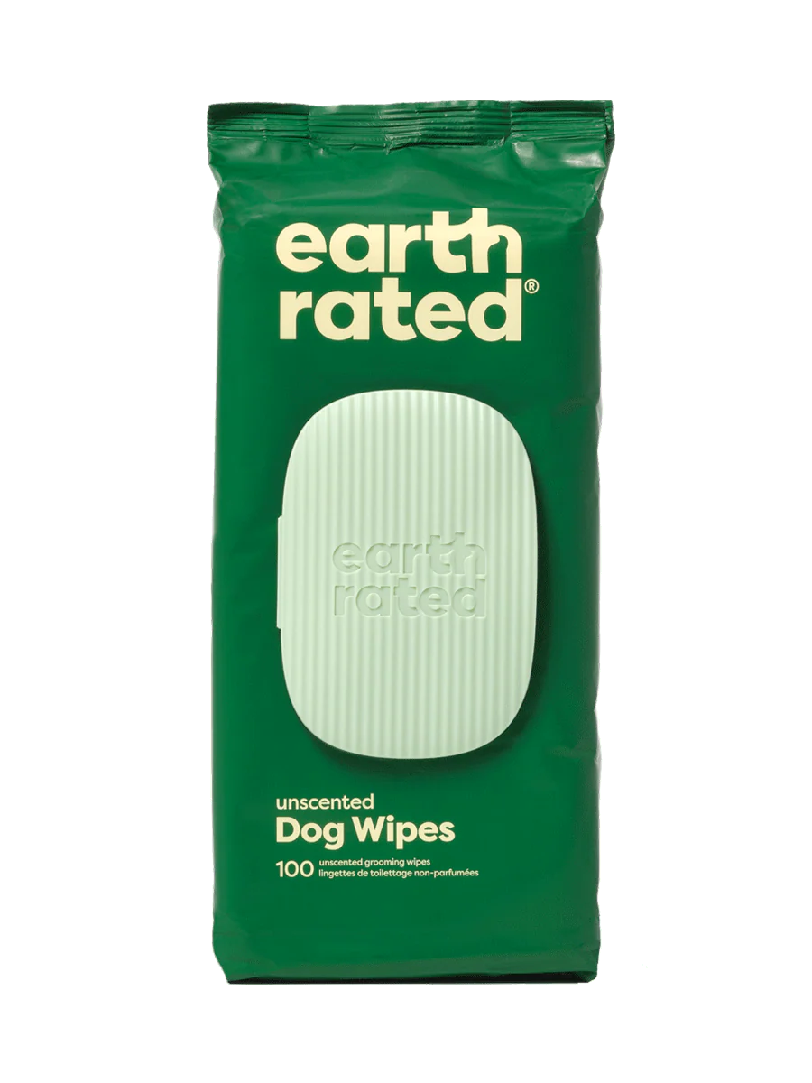 Pack of earth rated unscented dog wipes on a white background