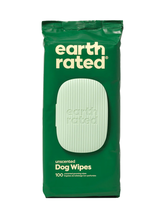 Pack of earth rated unscented dog wipes on a white background