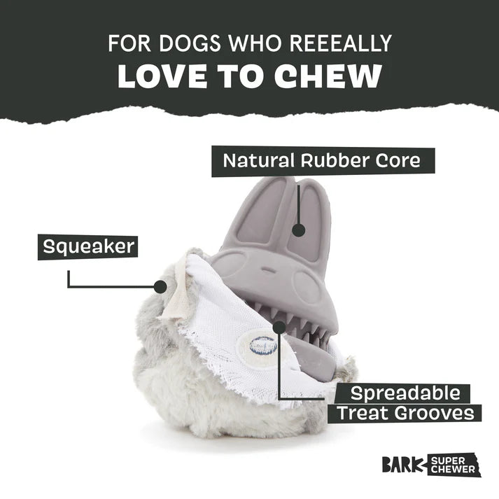 Bark Hare Dog toy showing the rubber layer under the plush outer