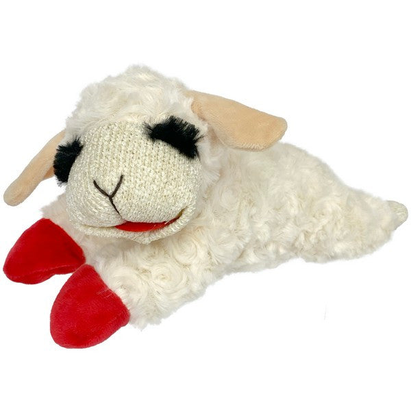 White plush sheep toy with red feet on a white background
