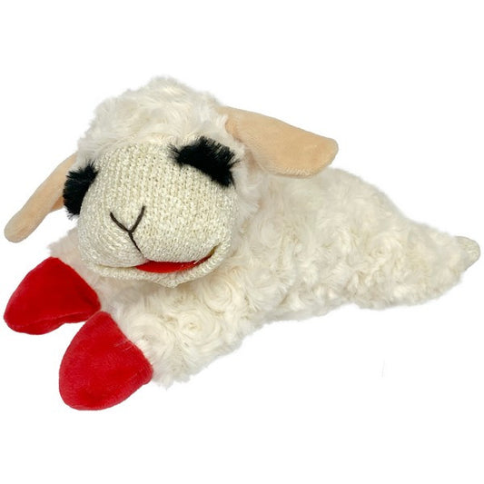 White plush sheep toy with red feet on a white background