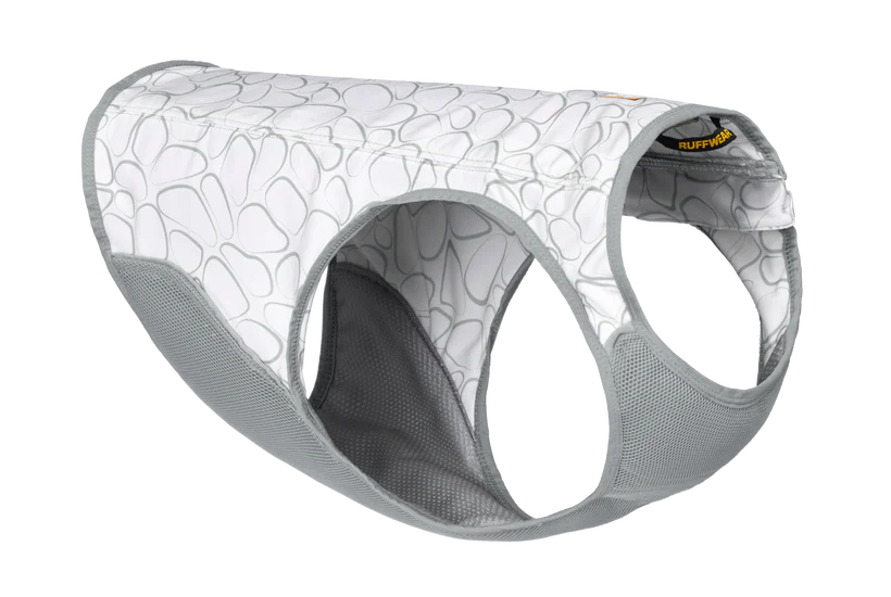A grey and white Ruffwear Swamp Cooler Zip Cooling Vest for dogs with a geometric pattern.
