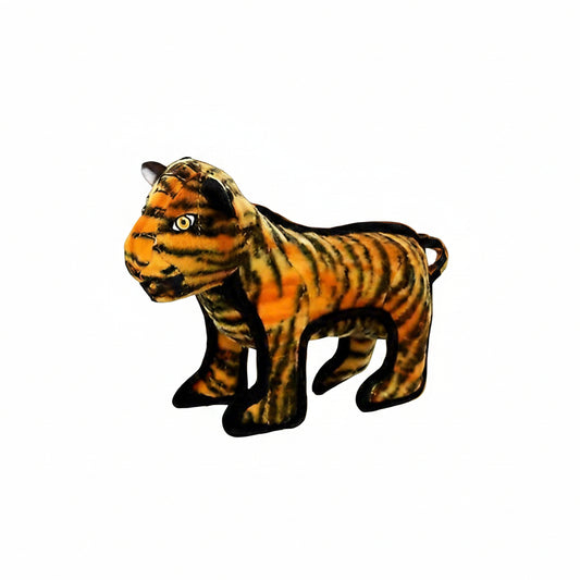 A toy resembling a tiger with a three-dimensional orange and black striped pattern, set against a green leafy background.