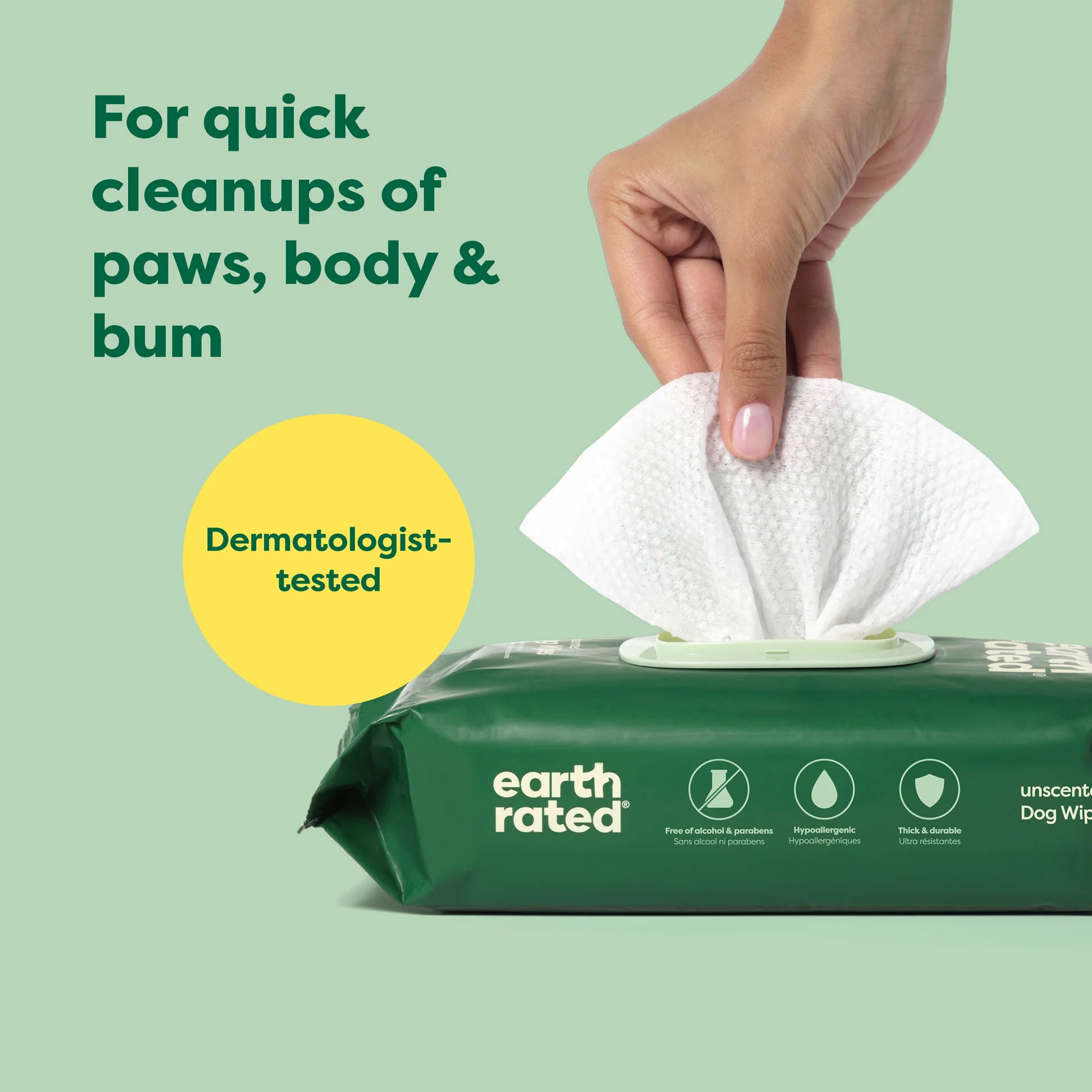 Hand holding a dog wipe with 'earth rated' packaging on a green background