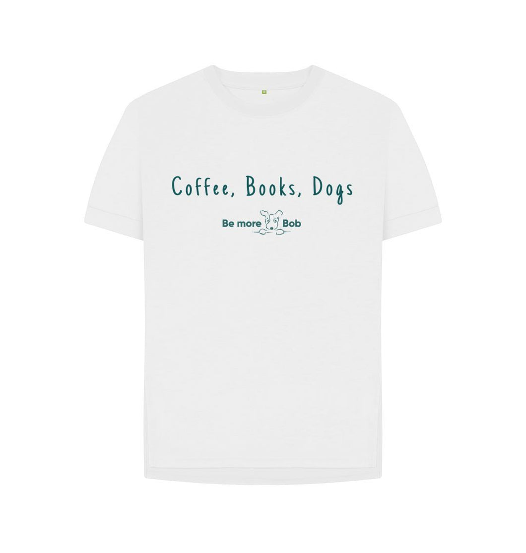 White Women's Relaxed Fit T-Shirt - coffee, books, dogs